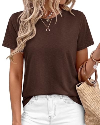 KIRUNDO Short Sleeve Tops for Women Summer Trendy Casual Crew Neck Plain T Shirts Soft Knit Basic Tunic Tees Fashion Clothing(Brown, X-Large)