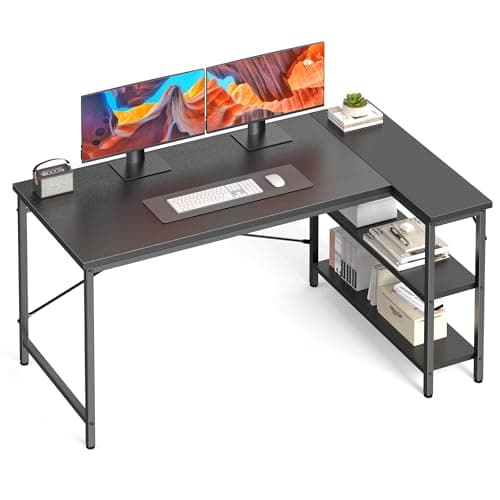 DUMOS L Shaped Desk 55 Inch Computer Desk Gaming Furniture Corner Desks Home Office PC Table with Reversible Storage Shelves for Writing Working Study Bedroom Dorm, Black