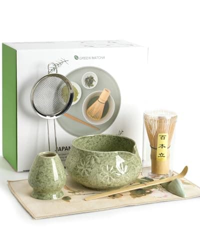 Matcha Whisk Set, Ceramic Matcha Kit Set Includes Matcha Bowl, Matcha Whisk and Holder, Bamboo Scoop, Scoop Rest, Sifter and Tea Towel - 7 Pcs Matcha Kit for Matcha Lovers(Green)