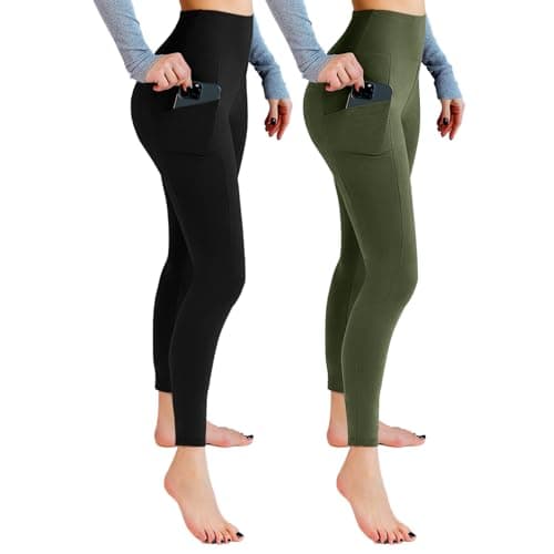 Leafigure 2 Packs Leggings with Pockets for Women, High Waisted Tummy Control Workout Leggings for Gym Black/Army Green SM