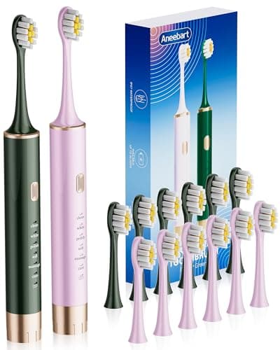 Aneebart Sonic 2 Pack Electric Toothbrush for Adults and Kids, Travel Toothbrush Includes 12 Replacement Toothbrush Heads, 6 Modes with 2 MIN Smart Timer