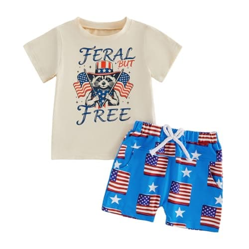 FYBITBO Baby Boy Summer Clothes Toddler 4th/Fourth of July Usa Shirt American Flag Shorts 4th of July Outfit Set (Beige eagle flag shirt, 12-18 Months)