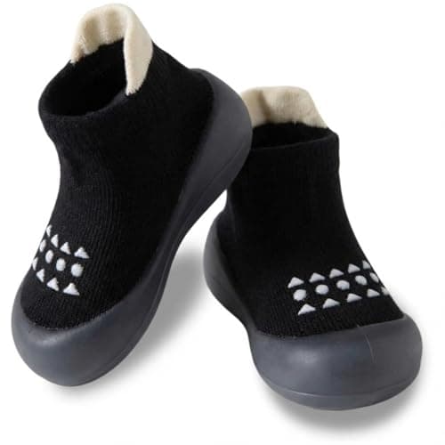 Hstyle Baby Sock Shoes Toddler Walking Shoes Infant Non-Slip Slippers Soft Rubber Sole Sneakers for Baby Boys Girls 6-9 Months Black