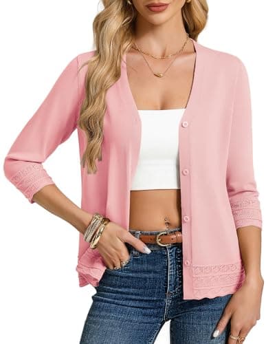 GRACE KARIN Womens Cardigans Trendy 3/4 Sleeve Button Up Cardigan Sweaters Lightweight Summer Cardigans（Light pnk，Large）