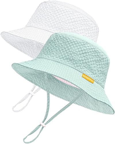 HONGTEYA Baby Sun Hat Toddler Boy Bucket Hat Kids Summer Beach Hat Wide Brim Sun Protection White/Lightblue