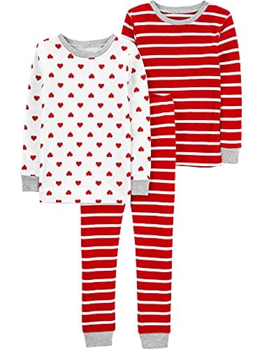Simple Joys by Carter's Baby Little Kid 3-Piece Snug-Fit Cotton Pajama Set, Red Stripe/White Hearts, 5