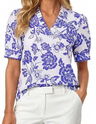 GRACE KARIN Women Boho Floral Tops, Summer Puff Short Sleeve Dressy Casual Shirts, 2026 Spring V Neck Vacation Work Blouse Blue White M