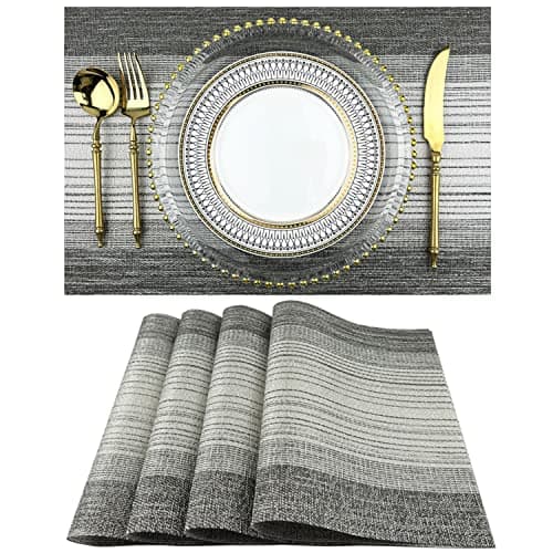 Placemat,Blending Color Durable Woven Vinyl Placemat Washable Heat-Resistant Anti-Skid Kitchen Dining Table Mats (Set of 4, Gray with Silver)