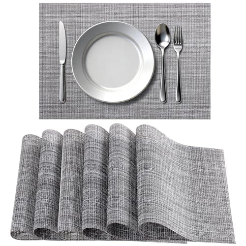 Timeet Placemats Set of 6, Heat Resistant Non-Slip Place Mats, Durable Washable PVC Vinyl Woven Table Mats, Linen Textured Table Placemats for Dining Kitchen Resistant Easy to Clean(Gray)
