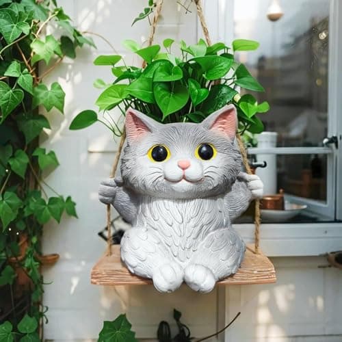 Pyoimmne Cat Hanging Planters for Indoor Outdoor Plants, Small Cute Hanging Pots for Succulent, String of Pearls Plant, Resin Hanging Flower Pots with Drainage Hole, Unique Gift, Garden Home Decor