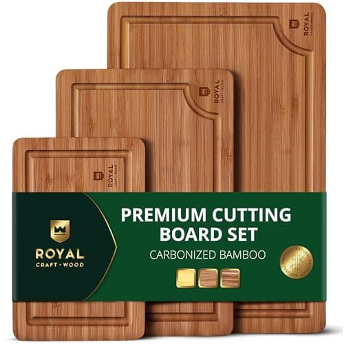 ROYAL CRAFT WOOD Wooden Cutting Boards for Kitchen Meal Prep & Serving - Non Toxic Bamboo Wood Cutting Board Set with Deep Juice Groove Side Handles - Charcuterie & Chopping Butcher Block for Meat