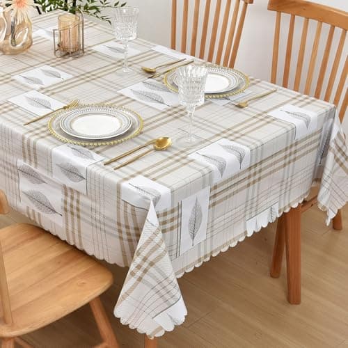 ENNAS Wipeable Tablecloth 54×72 Inch – Waterproof Vinyl Table Cover with Modern Leaf and Plaid Design – Durable Everyday Dining Table Protector for Kitchen, Home, and Family Meals